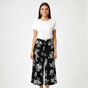 Susan Graver Liquid Knit Floral Wide Leg Crop Pants Womens L Black White Slit